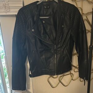 Topshop Black Leather Moto Jacket Asymmetrical Quilted